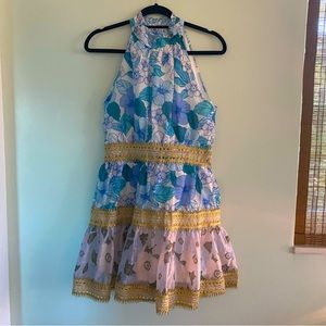 Blue High Neck Hibiscus Dress